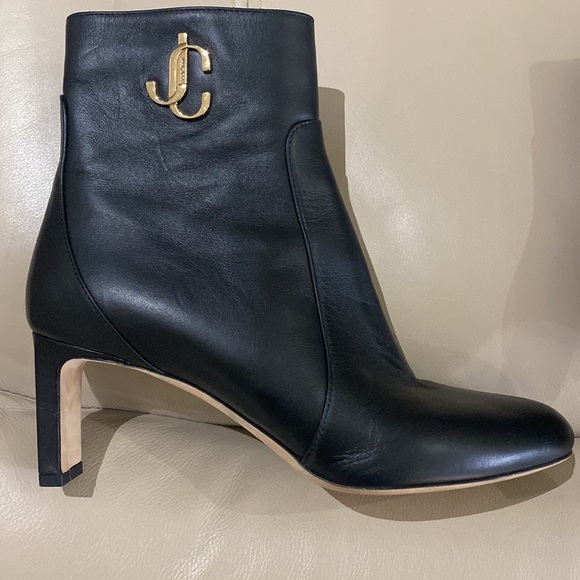 Jimmy Choo Black JC Gold Logo Leather Ankle Booties Size 7.5 - Picture 2 of 8